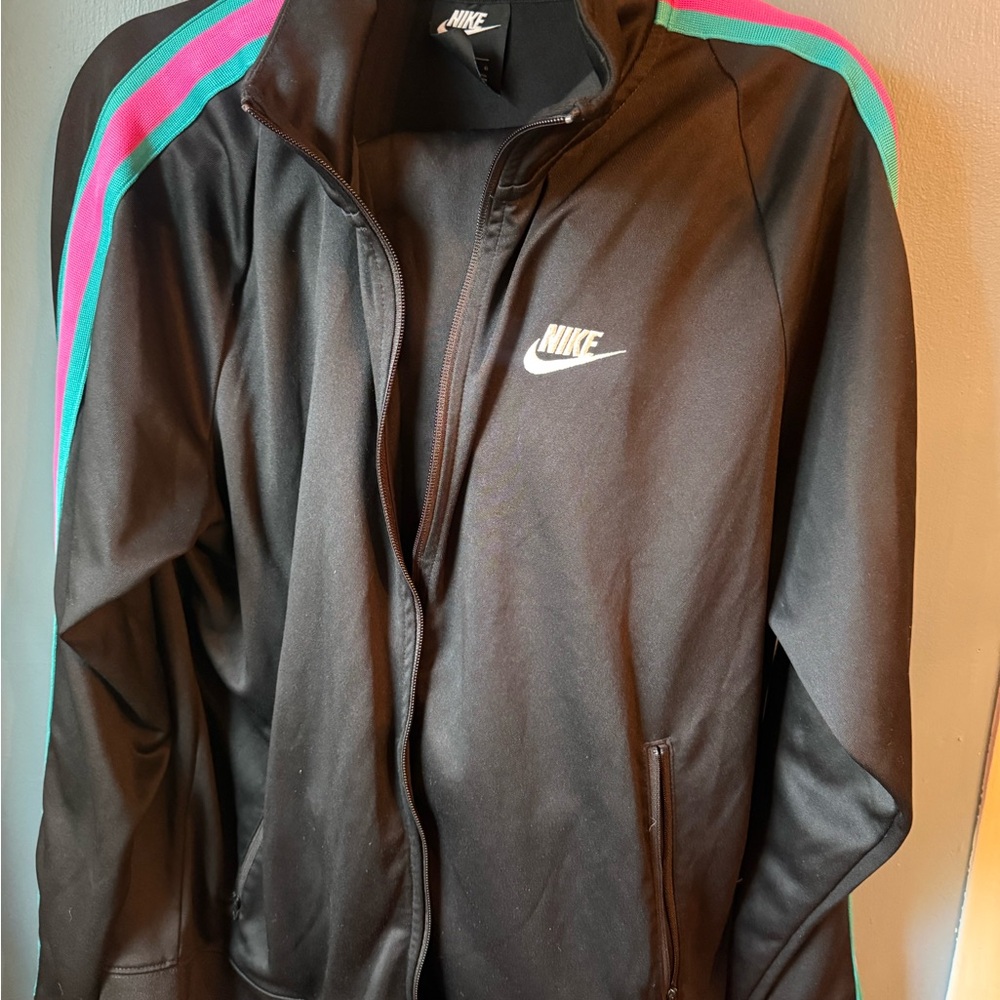 Nike Men’s Black Track Suit with Pink & Teal Stripe- Jacket and Pants